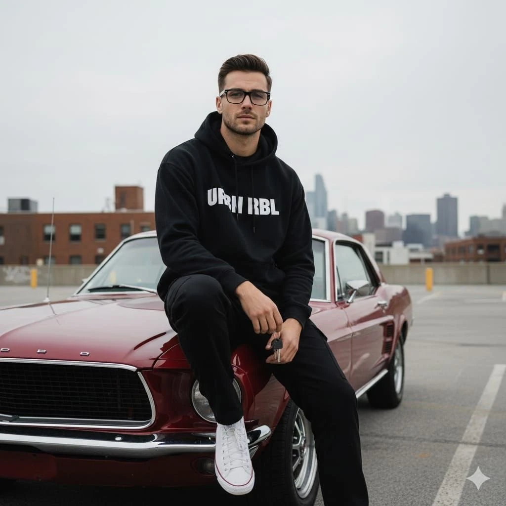 A modern urban lifestyle portrait of a confident man sitting on the hood...