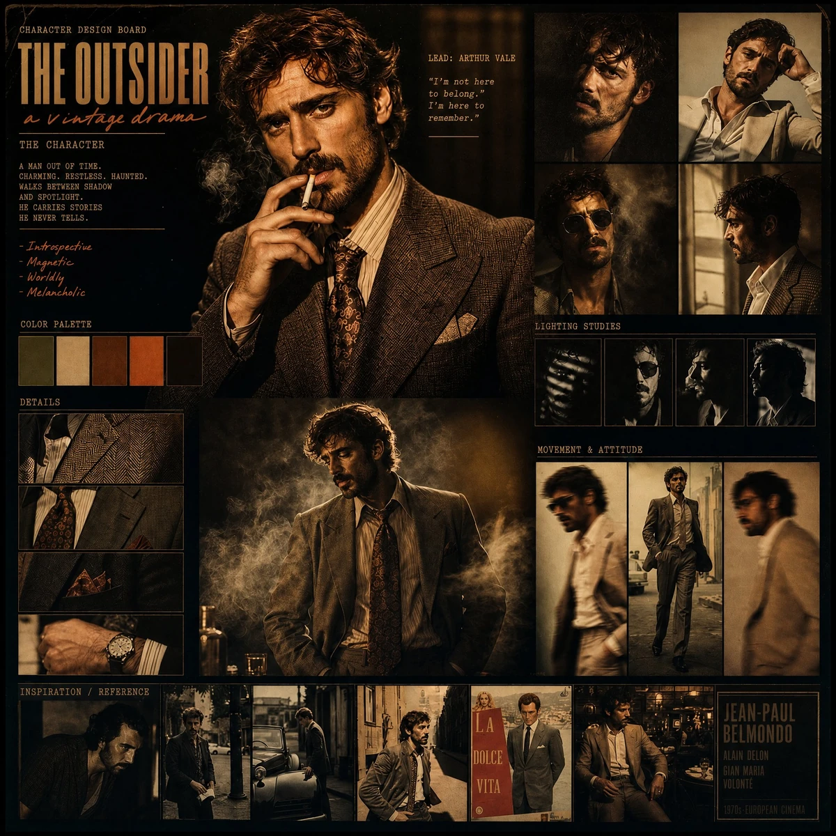 A classic handsome male lead with slightly tousled beard and retro charis...