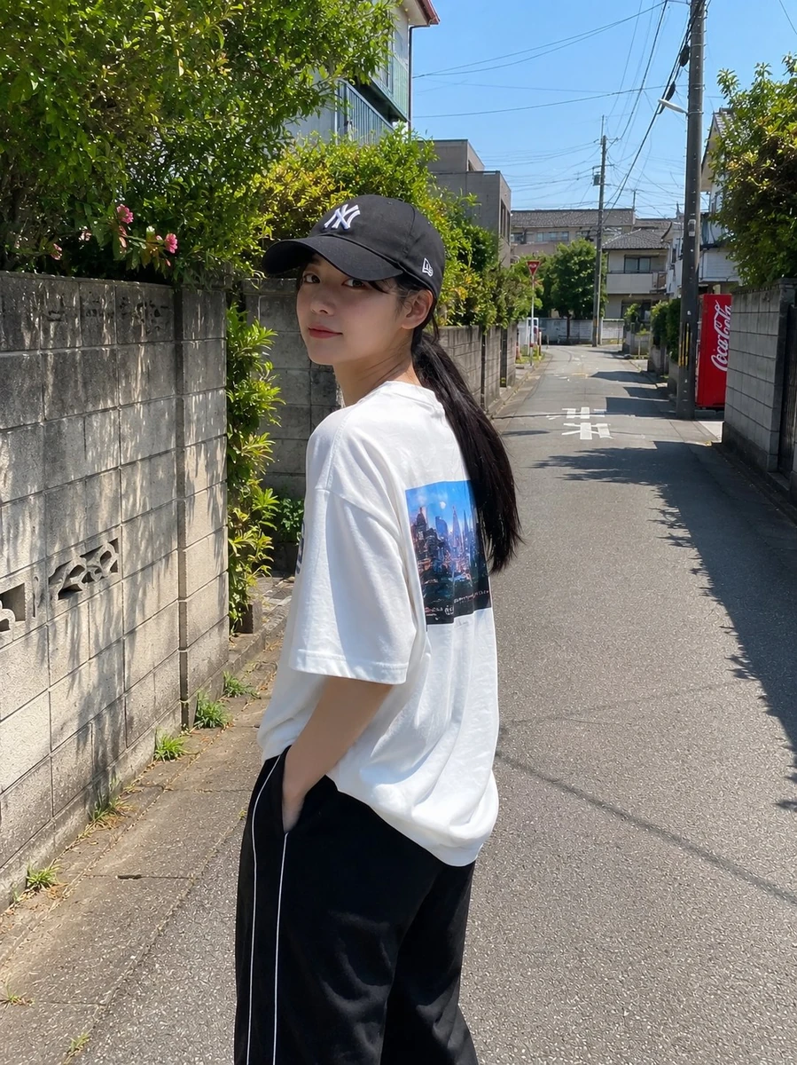 Japanese girl with fair skin, soft natural makeup, and long dark hair tie...