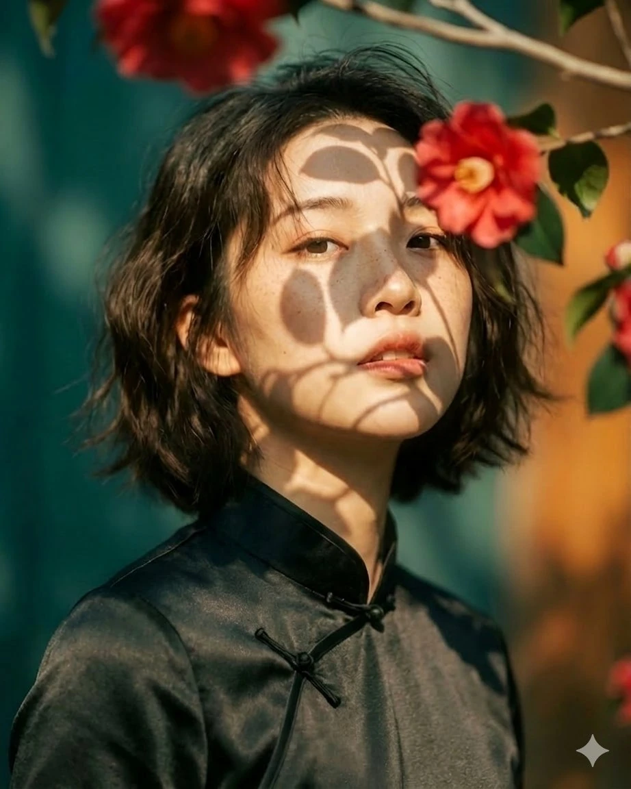 Artistic portrait of an elegant Asian woman wearing a black silk cheongsa...
