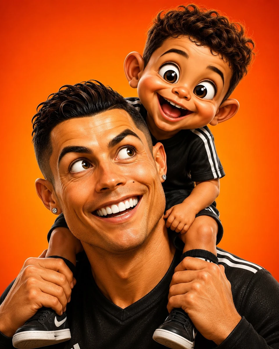Extreme 3D CGI caricature of [character] with their child version sitting...