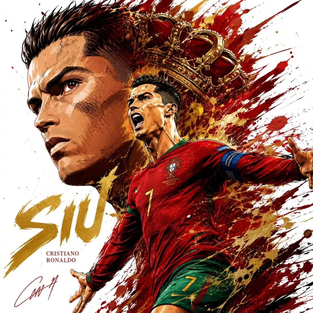 Ultra-detailed sports illustration poster, dynamic football superstar com...