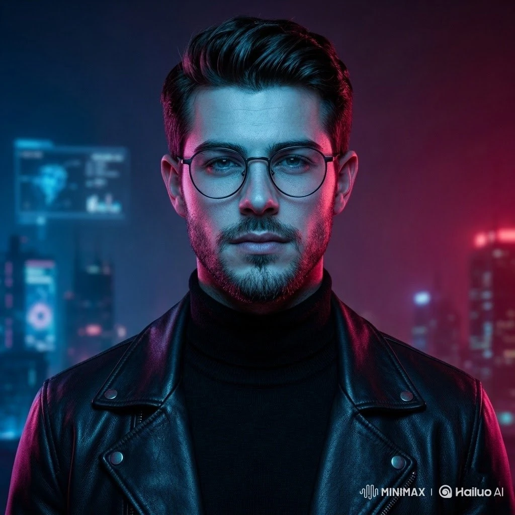 Ultra-realistic cyberpunk portrait of a confident man wearing round glass...