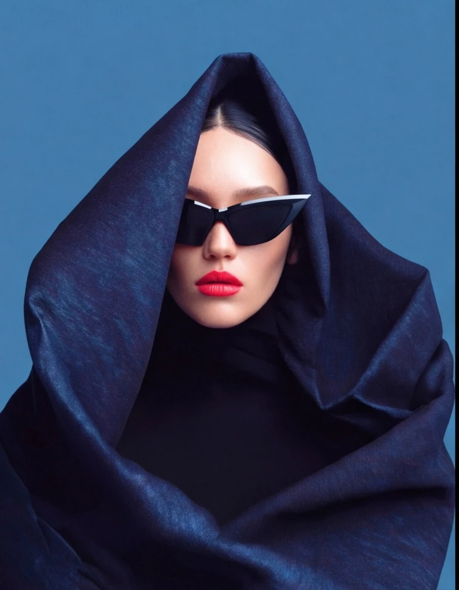Ultra-realistic high-fashion portrait of a woman wearing oversized sculpt...