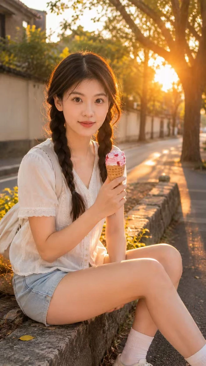 A youthful golden-hour ice cream portrait