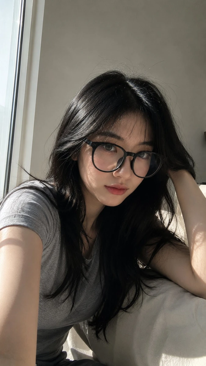 Ultra-photorealistic casual smartphone selfie of a young East Asian woman...