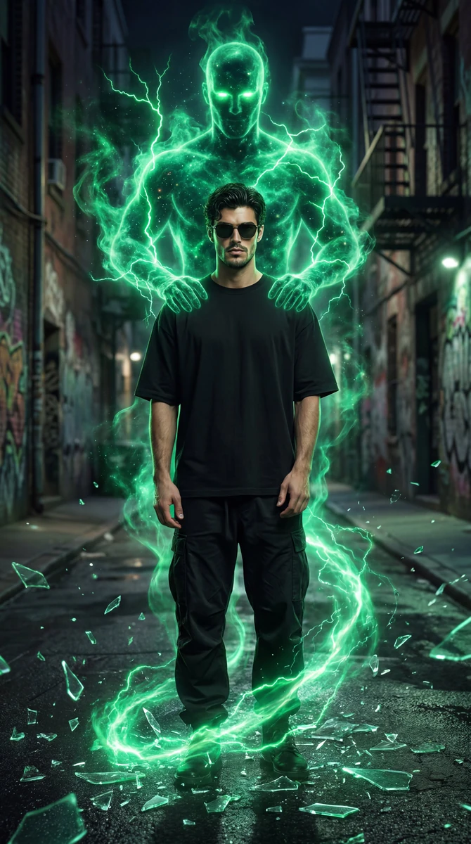 A young man standing confidently in an urban setting, wearing a sleek all...