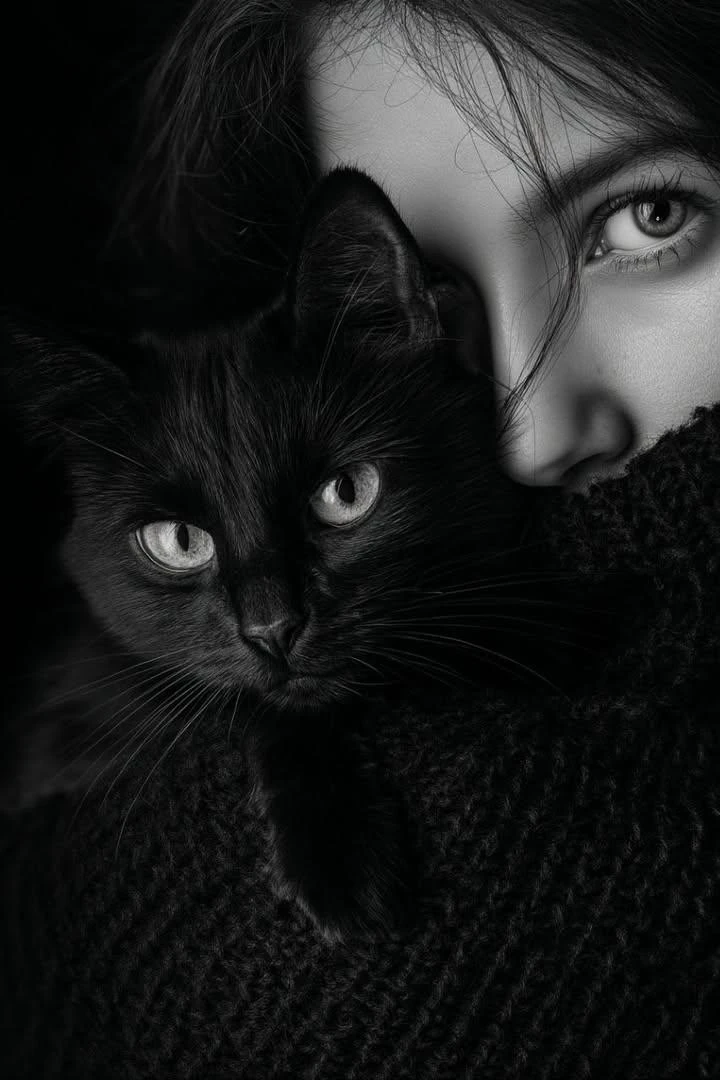 Moody black-and-white portrait of a woman holding a black cat close to he...