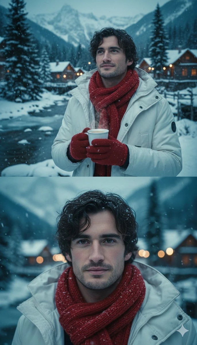He has short dark wavy hair and wears a white winter coat with a red scar...