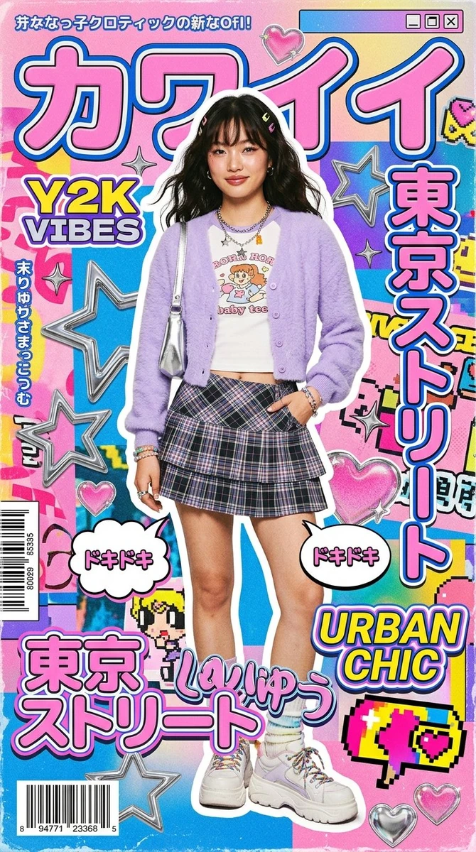 High-fashion kawaii Y2K editorial poster featuring a stylish young woman...