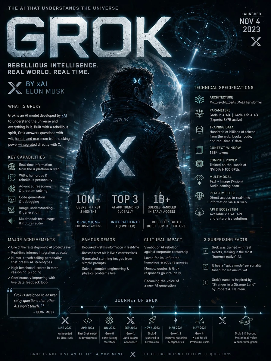 Search the web for detailed information about Grok AI including its devel...
