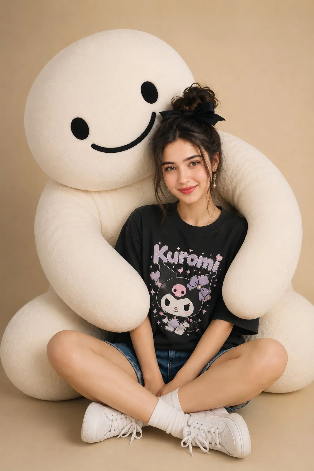 studio portrait, young woman sitting cross-legged, hugged by giant white...