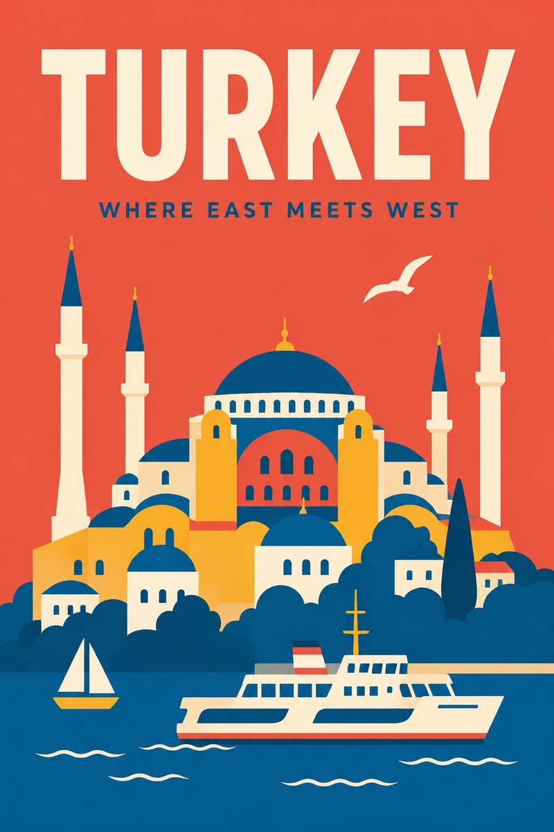 A flat minimalist travel poster for the city of [City Name], featuring a...