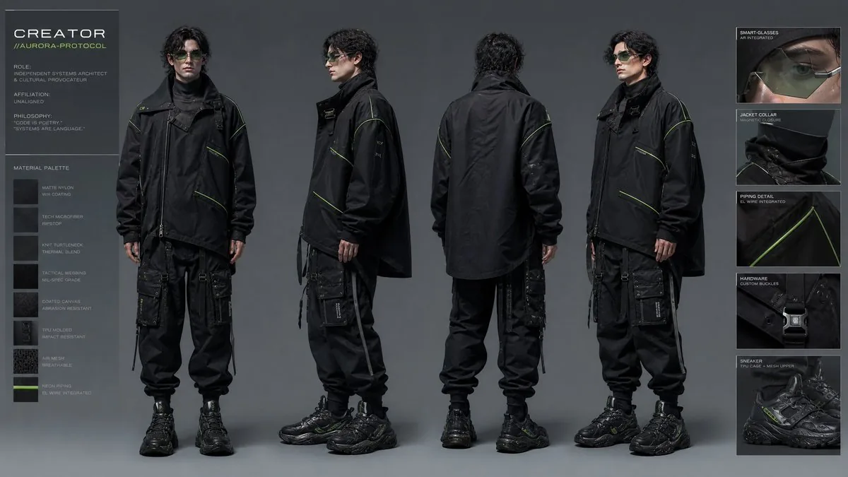Character design sheet, full body turnaround, male creator, striking avan...