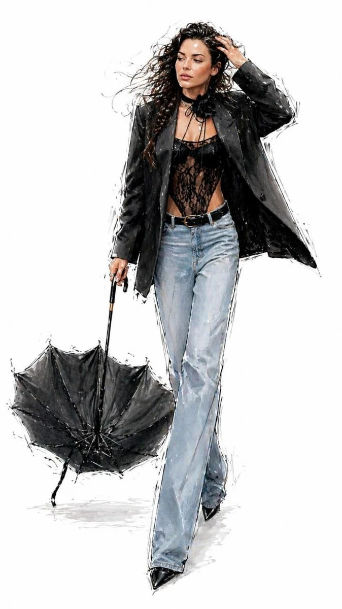 A fashionable full-body illustration of a woman with extremely long legs...