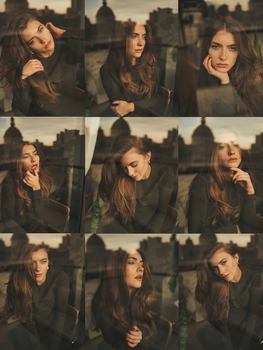 Cinematic portrait series of a beautiful woman with long wavy brown hair...