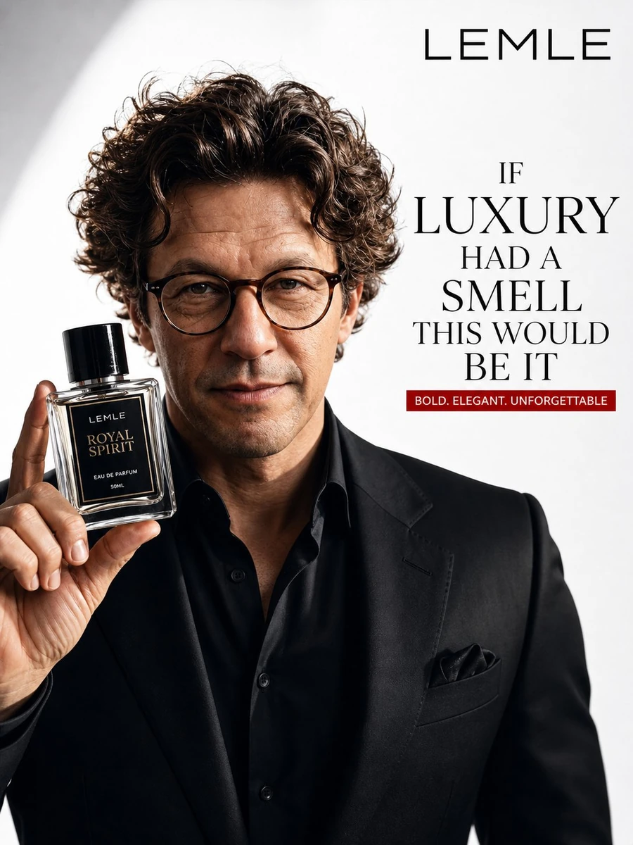 A highly realistic professional luxury perfume advertisement featuring a...