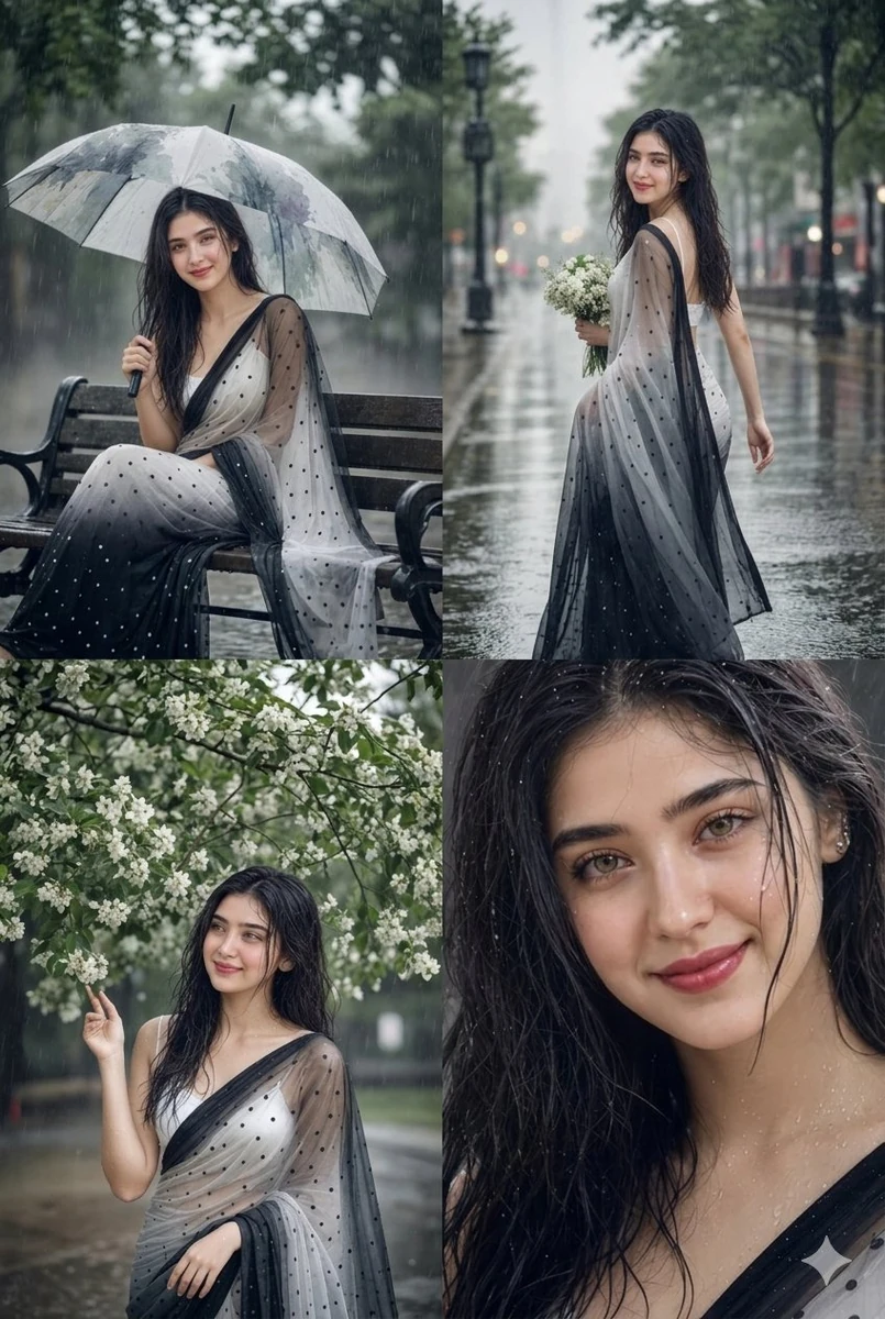Beautiful young Indian woman with long wet black hair, wearing a graceful...