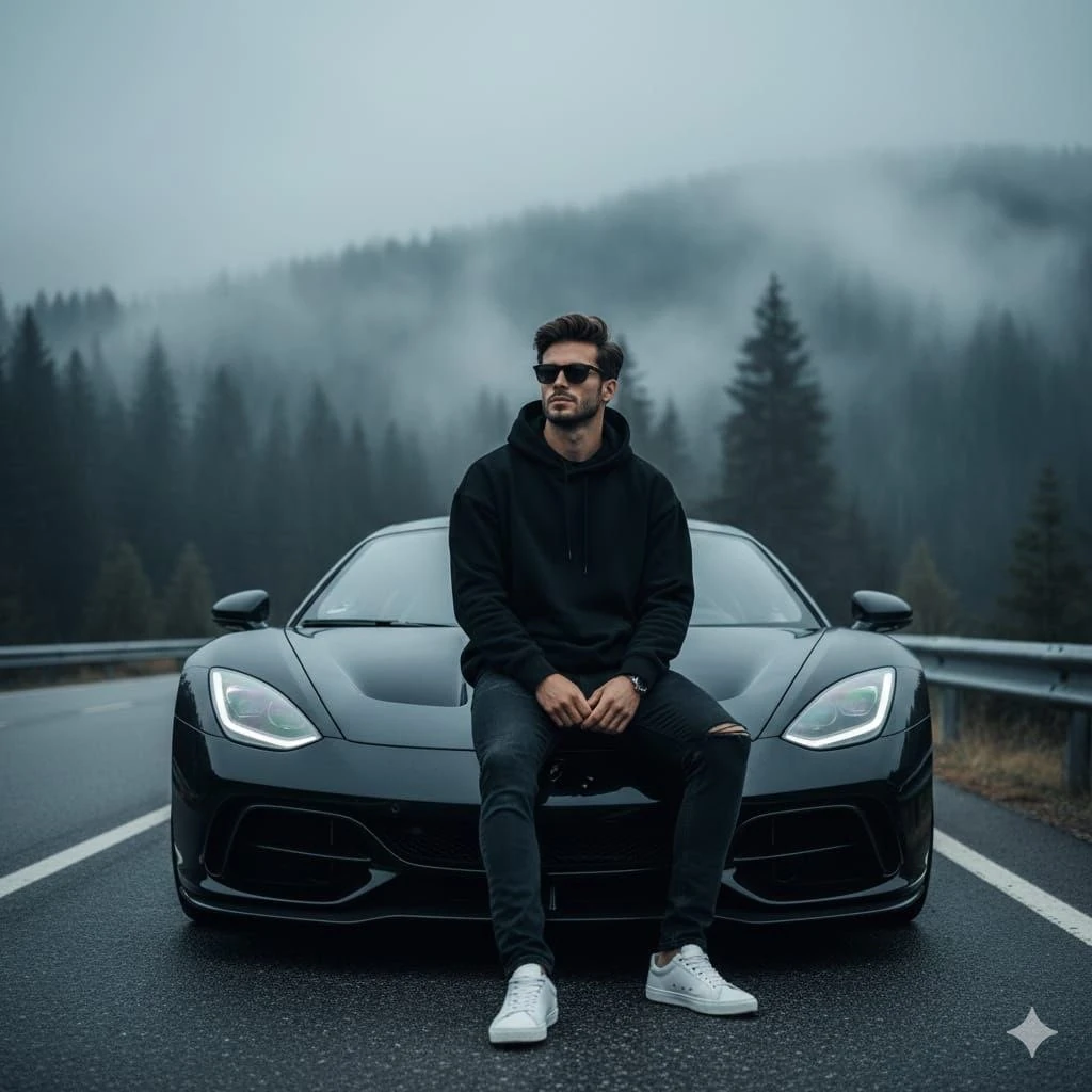 Ultra-realistic cinematic portrait of a confident man sitting on the hood...