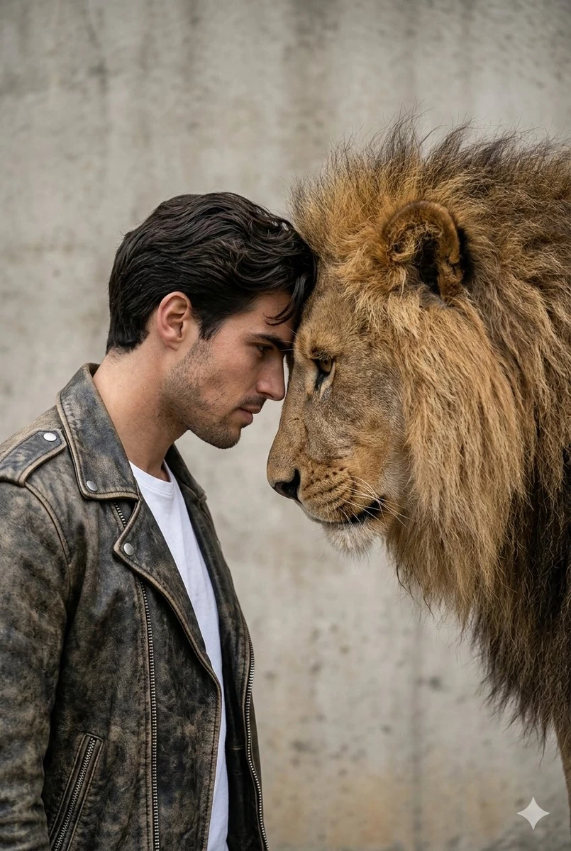 A gritty, intense portrait of a man, a friend of real lion, captured in a...