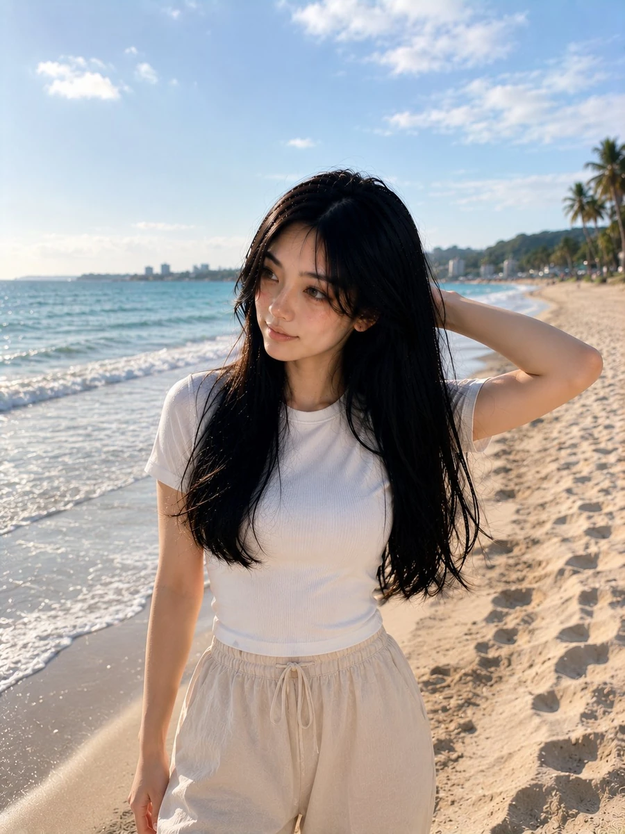 Ultra-realistic beach portrait of a beautiful Korean woman during golden...