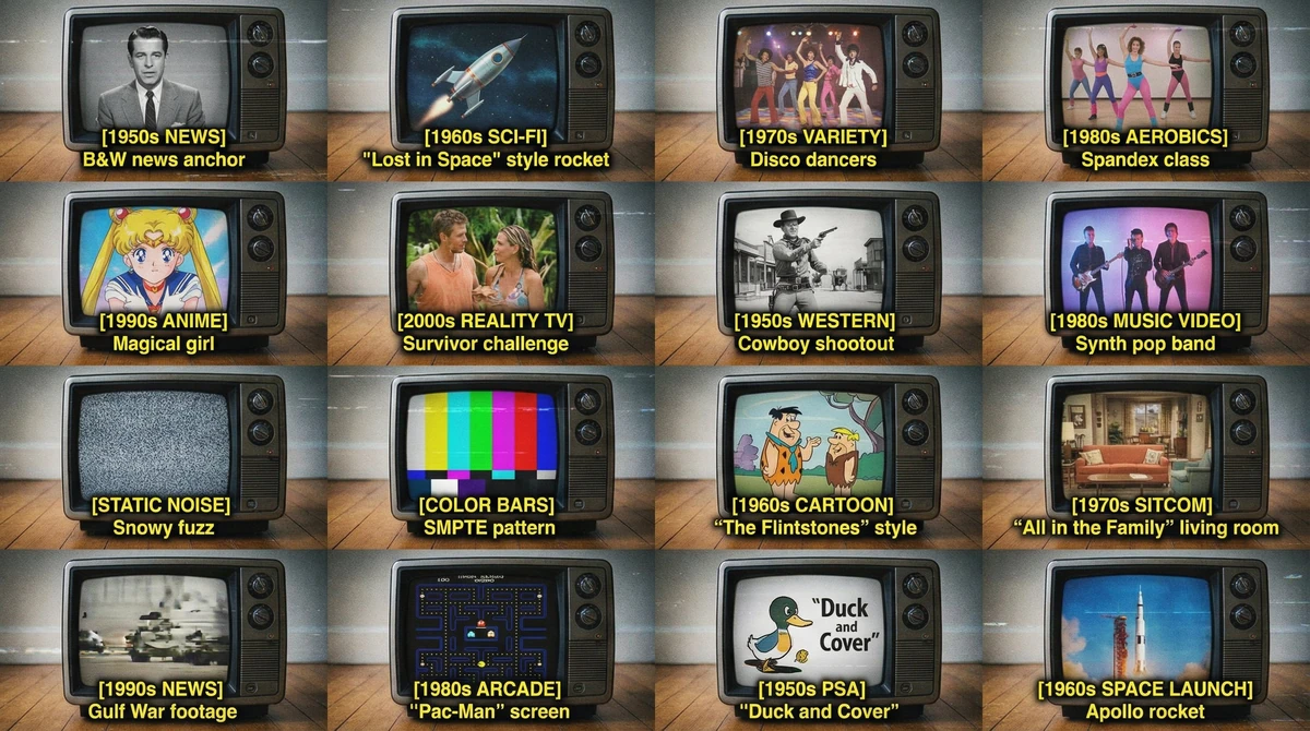 A 4x4 grid of a retro-futuristic television set sitting on a wooden floor...