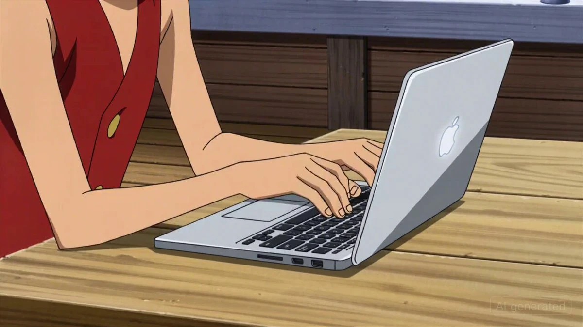 Luffy coding on a Macbook on the Thousand Sunny, RAGING, then throwing it...