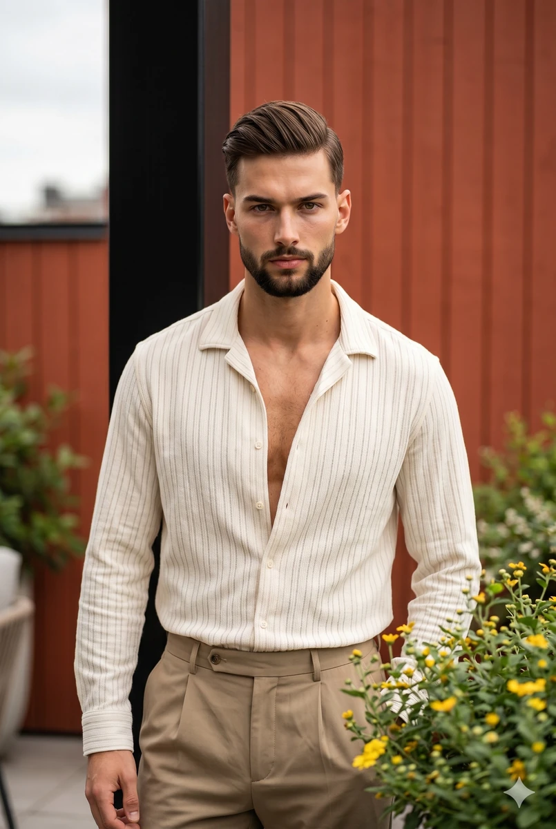 A handsome bearded man with richly textured brown hair stands at the cent...