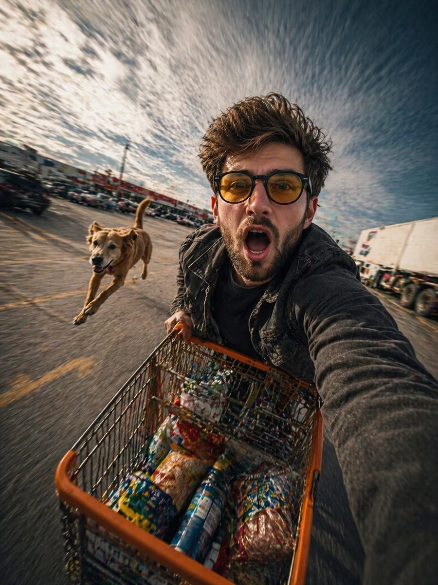 Ultra-realistic dynamic wide-angle selfie shot of a young man wearing yel...