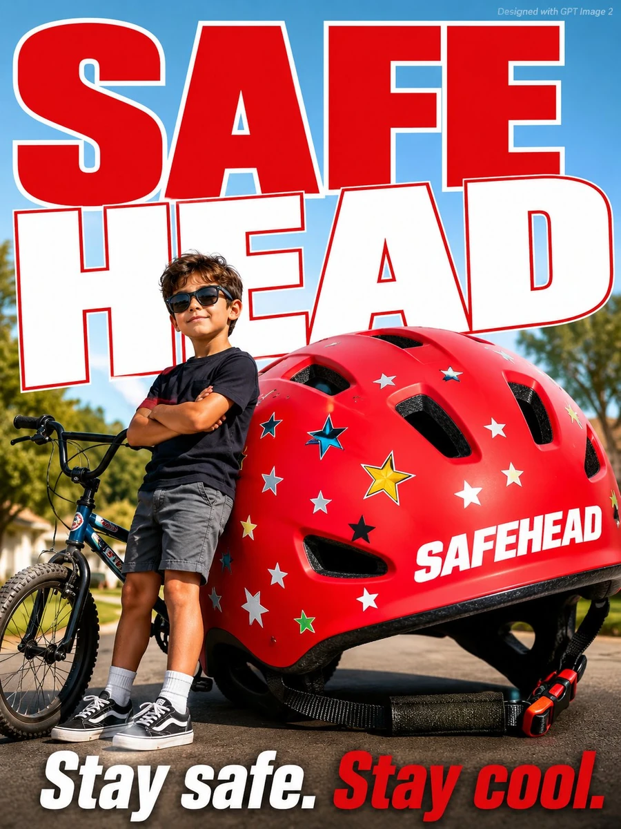 A bold kids safety advertisement poster. A brave young boy age 8 on a bic...