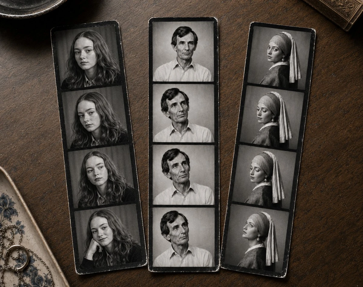 Photorealistic vintage tabletop composition featuring three separate blac...
