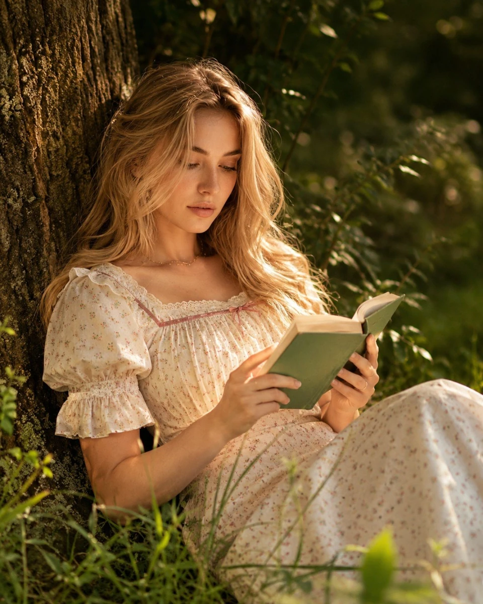 A dreamy cottagecore editorial portrait captured during golden hour in a...