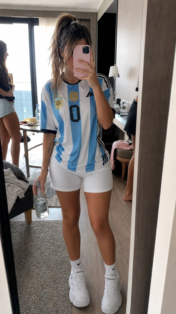 Ultra-realistic smartphone mirror selfie of a beautiful young woman stand...