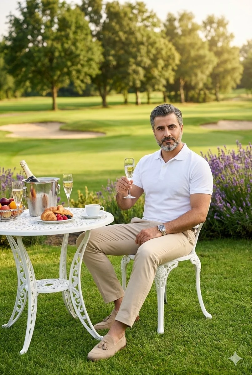 A luxurious outdoor breakfast scene on a pristine golf course, early morn...