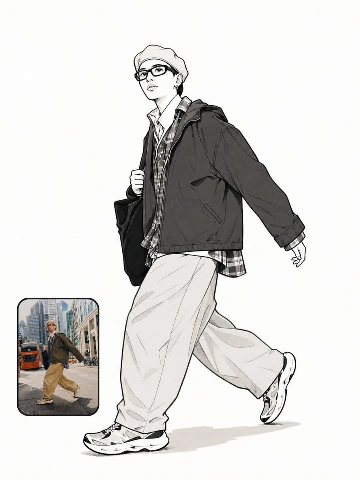 Transform the uploaded reference photo into a clean black-and-white manga...