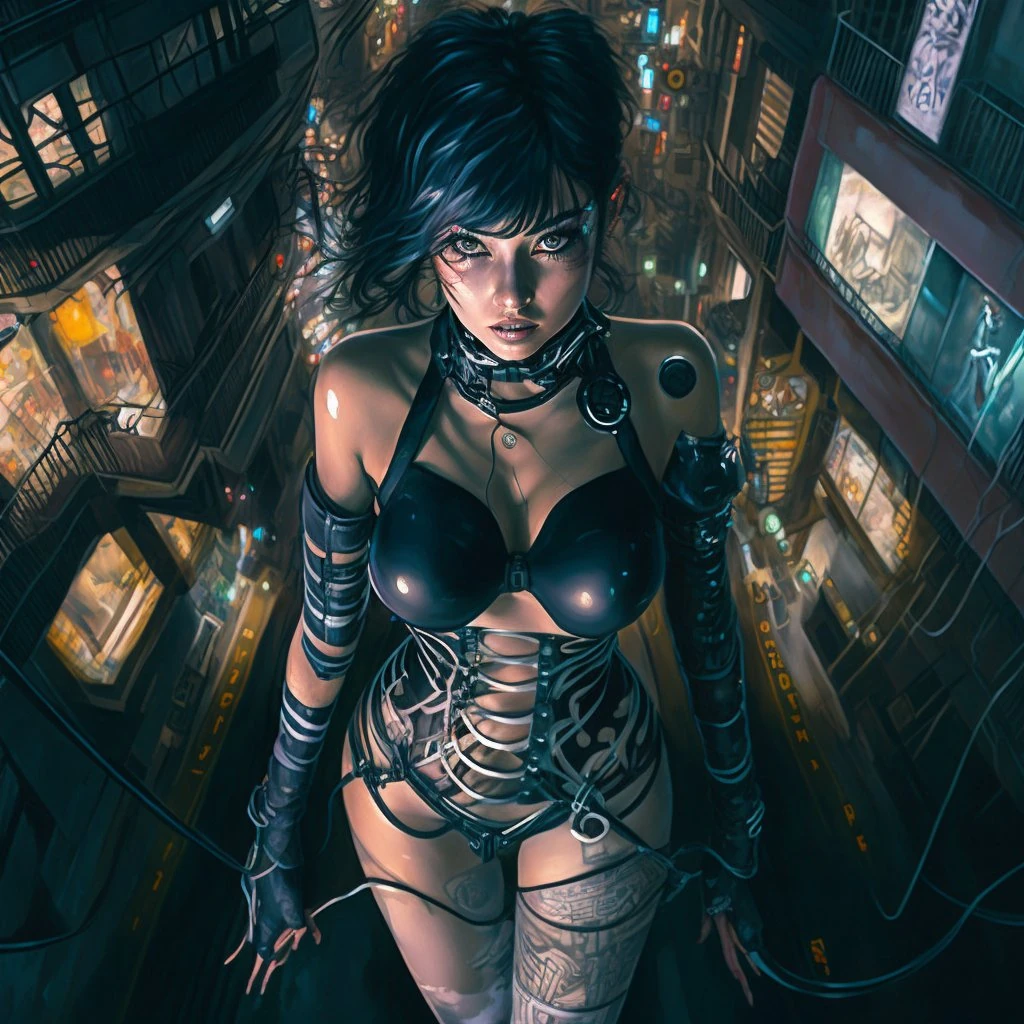 aeriel view, cyber punk nice exotic young girl, looking at the camera, fa...