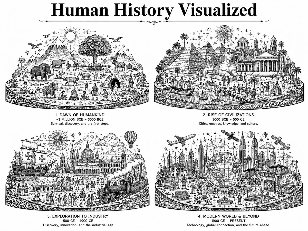 2x2 grid, do this for 3D diorama of the most historic events in the histo...