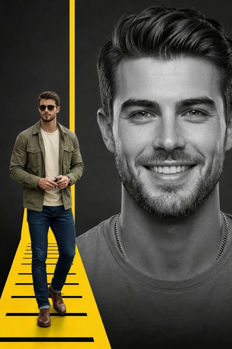 Stylish split composition portrait of a confident young man, left side fu...