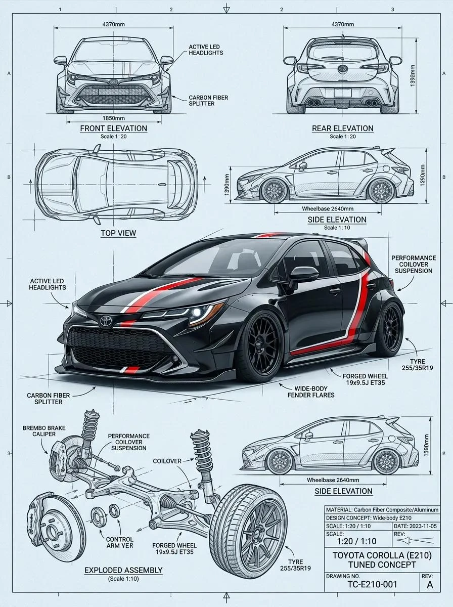 A highly detailed automotive engineering blueprint poster featuring a mod...