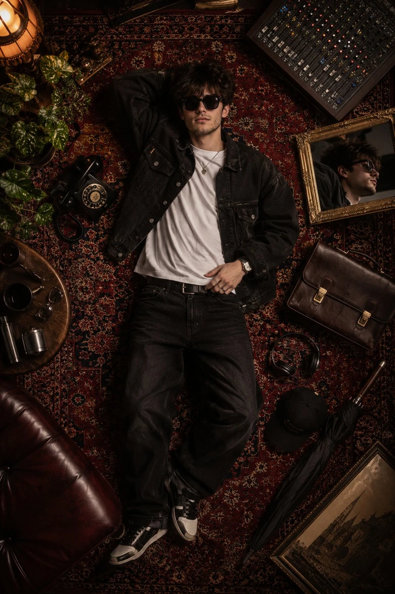 Ultra-realistic top-down editorial fashion portrait of the reference pers...