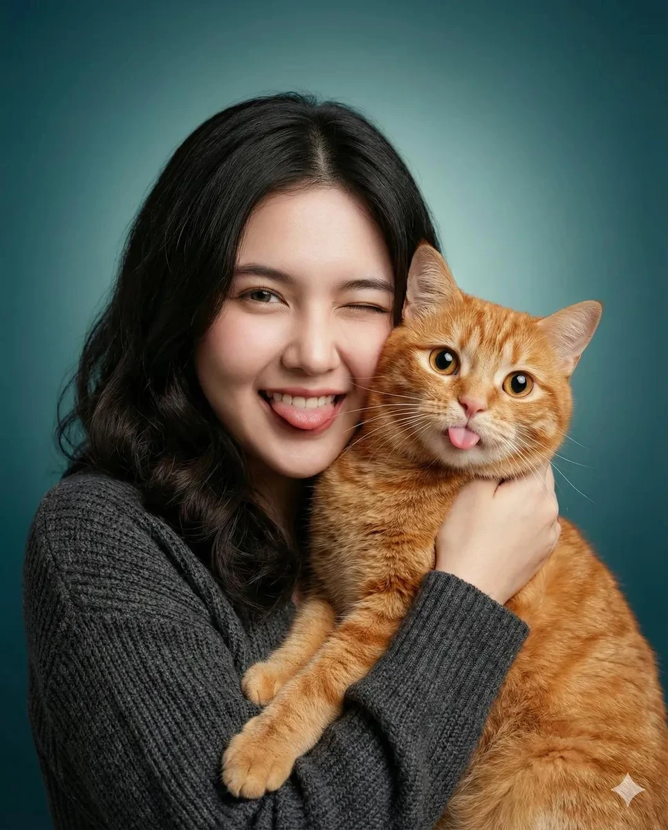 A heartwarming studio portrait of a young woman holding a cute orange tab...