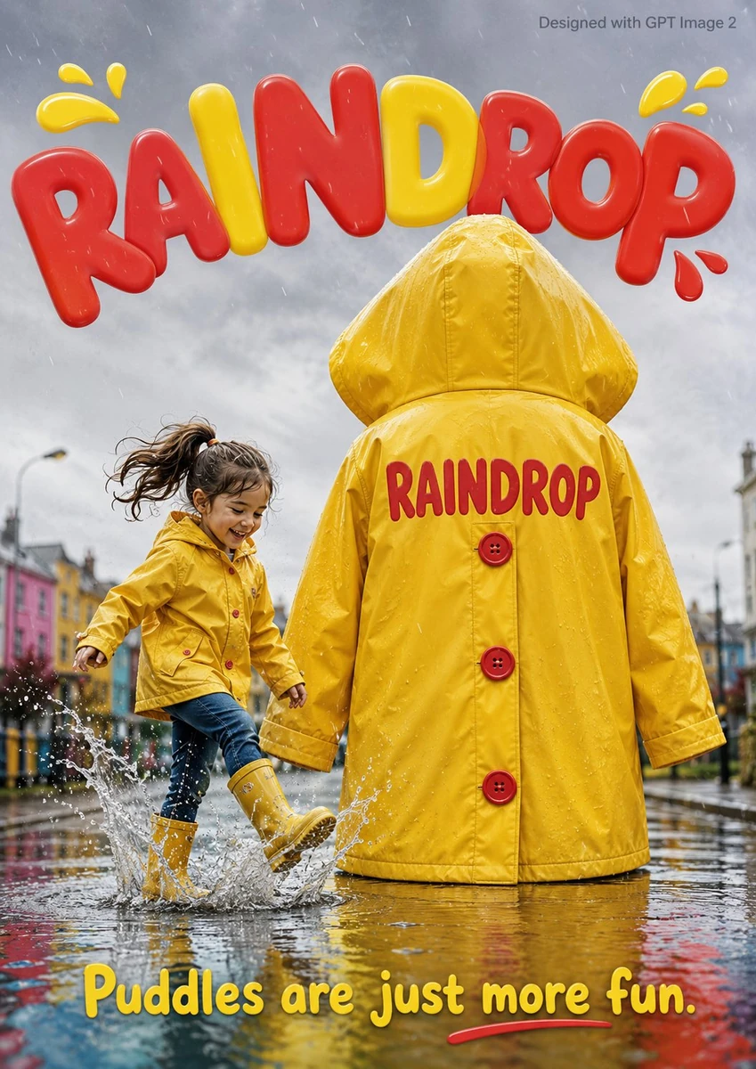 - A cute rainy day kids advertisement poster. An adorable young girl age...