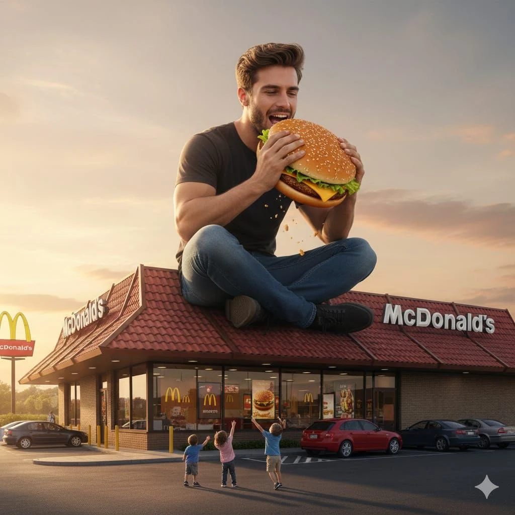 A surreal, ultra-realistic advertising scene of a giant man sitting cross...