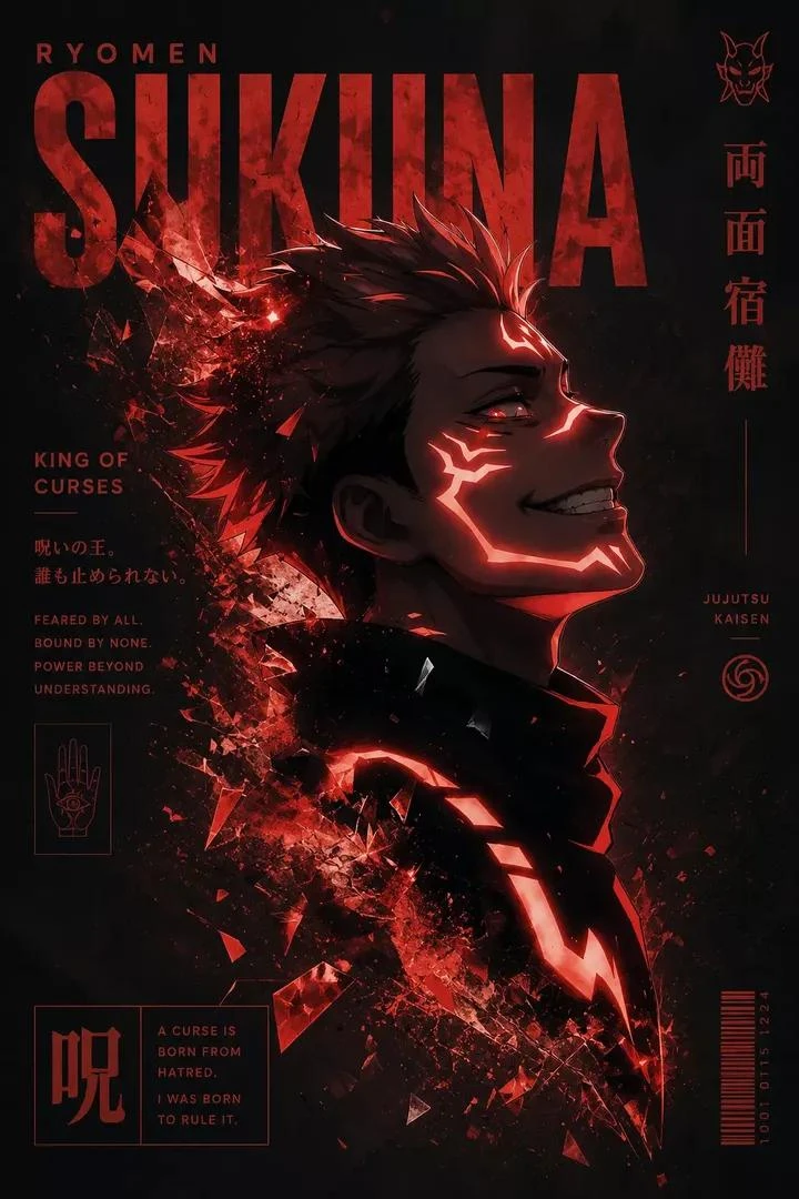 Dark anime-style poster of a male character with spiky pink-red hair, sid...