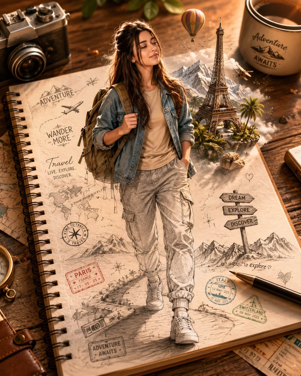 A handsome young traveler is emerging from a spiral notebook placed on a...