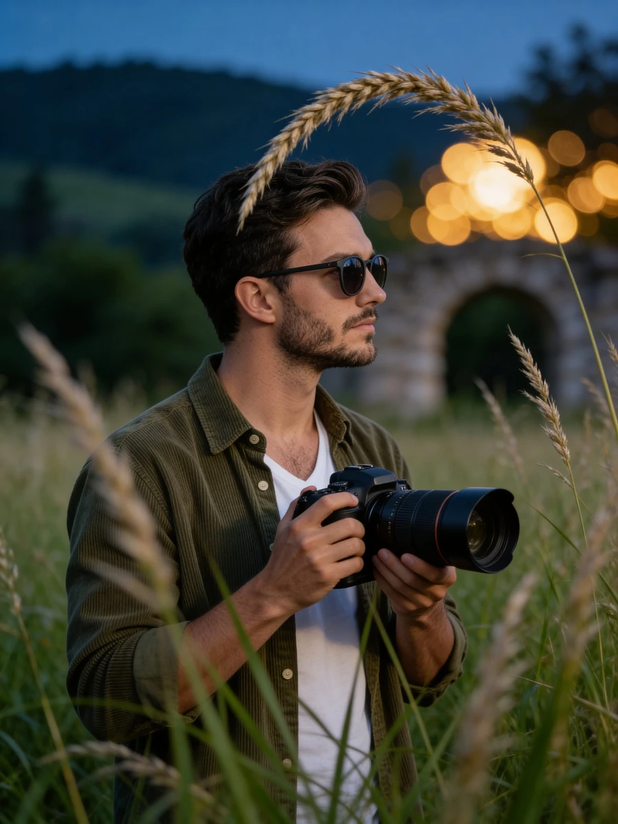 Cinematic medium shot of a young man with a trimmed beard and short brown...