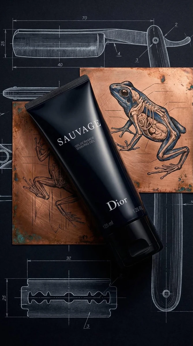 Luxury product photography of a matte black shaving gel tube labeled “SAU...