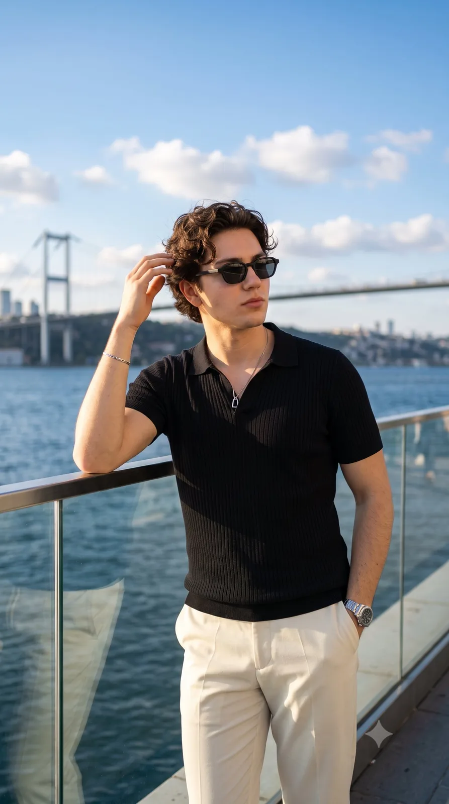 He has an oval face with a defined jawline, light olive skin with a healt...