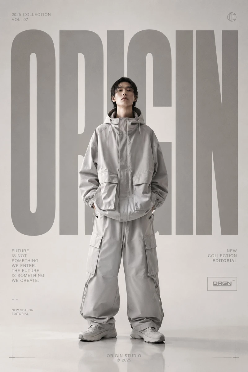 Premium high-fashion editorial poster for [BRAND NAME], full-body fashion...