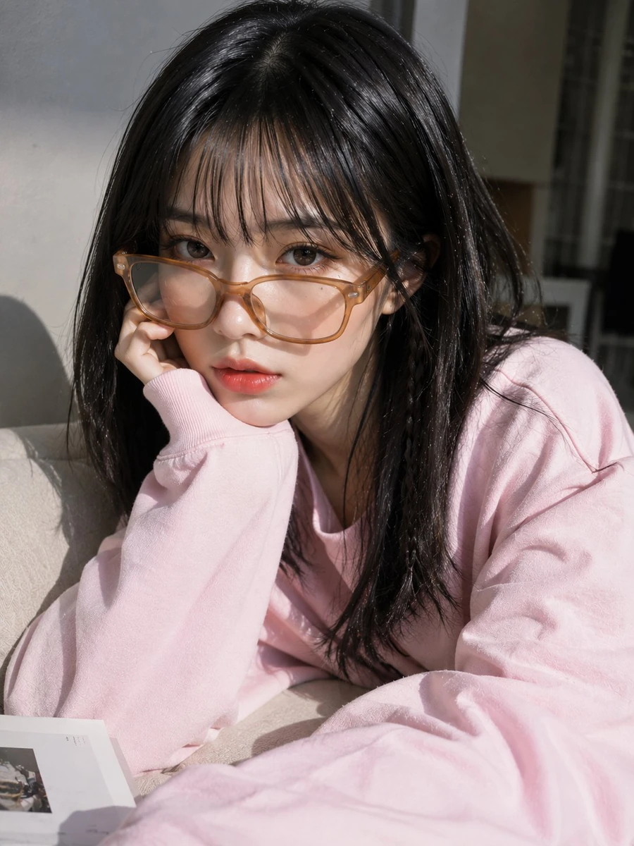 A young Asian woman with a soft oval face, fair porcelain skin, a subtle...